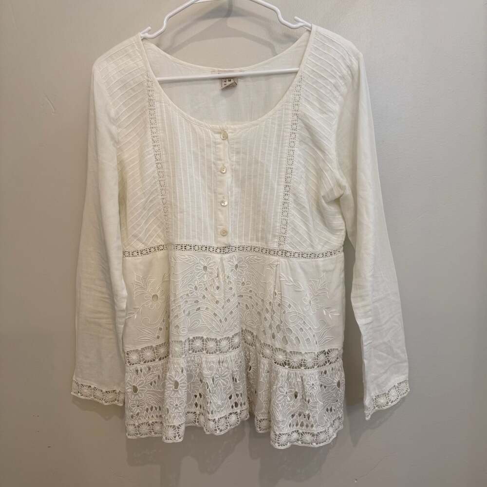 Sundance Women's White Cotton Embroidered Lace Peplum Blouse